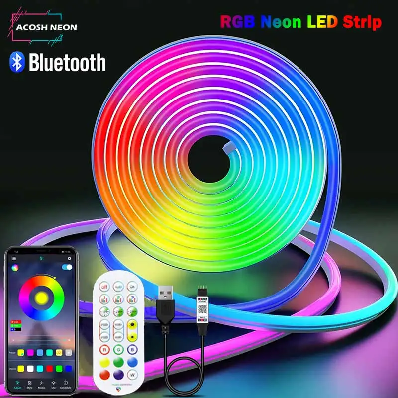 Imagem -02 - Usb Rgb Neon Led Strip 1m 2m 3m 4m 5m Bluetooth App e Controle Remoto com Fita de Néon Rgb para tv Casa Decoração de Néon Iluminação 5v