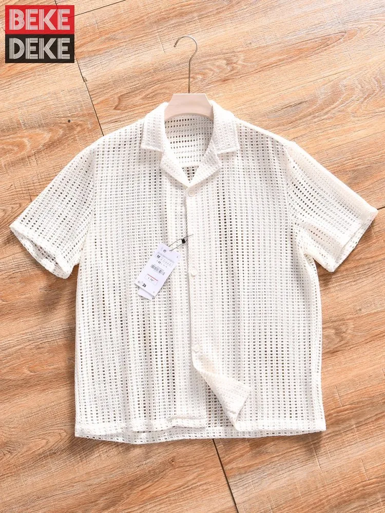 Summer Hollow Out Thin Mens Shirts Short Sleeve Breathable Fashion Cuban Collar Knit Easy Matching Tops Casual Shirt Hot Sale