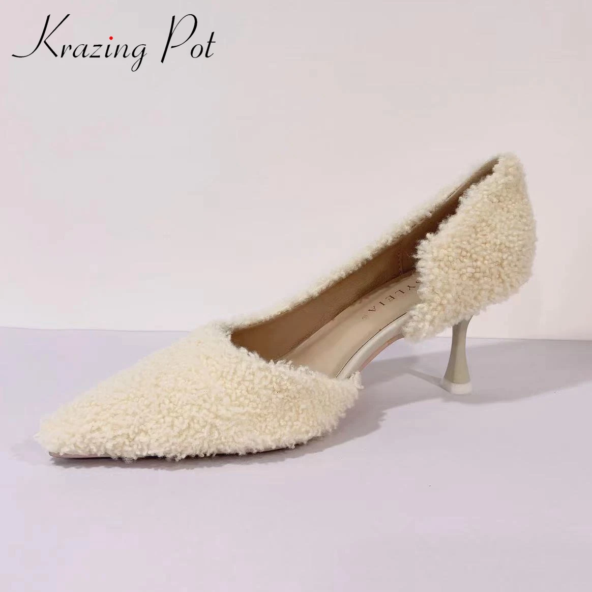 Krazing Pot 2024 Superstar Brand Real Sheep Fur Pointed Toe High Heels Shallow Autumn Shoes Slip on Wedding Party Women Pumps