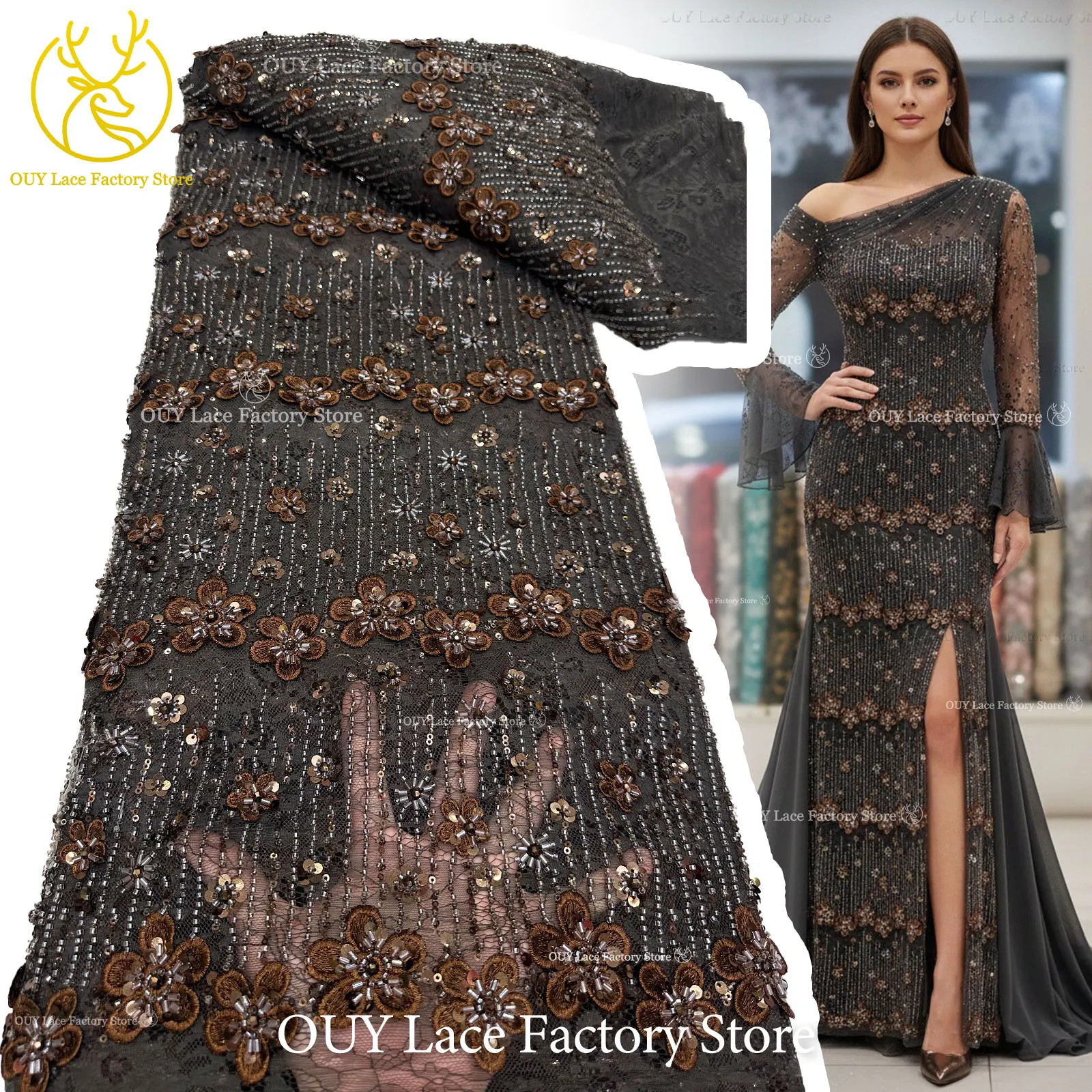 Latest Style French Embroidery Beaded Sequins Lace Fabric Navy Blue African Lace Fabric For Romantic Party Wedding Dress Sewing