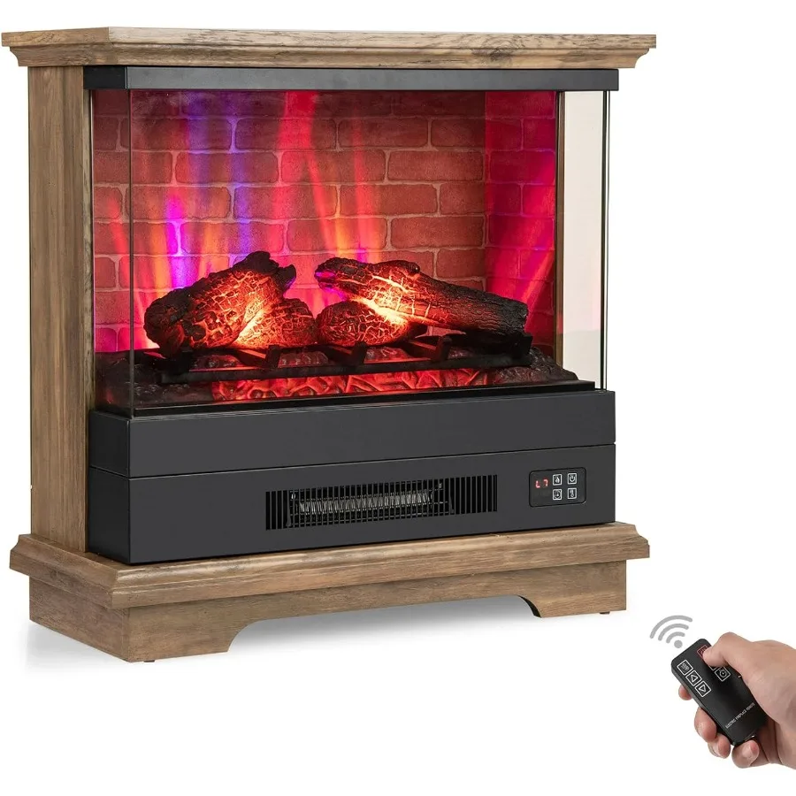 27 Electric Fireplace with Wooden Mantel 3-Sided Glass View Brown Firebox 7 Flame Colors Remote Control 6H Timer Overheat Prote