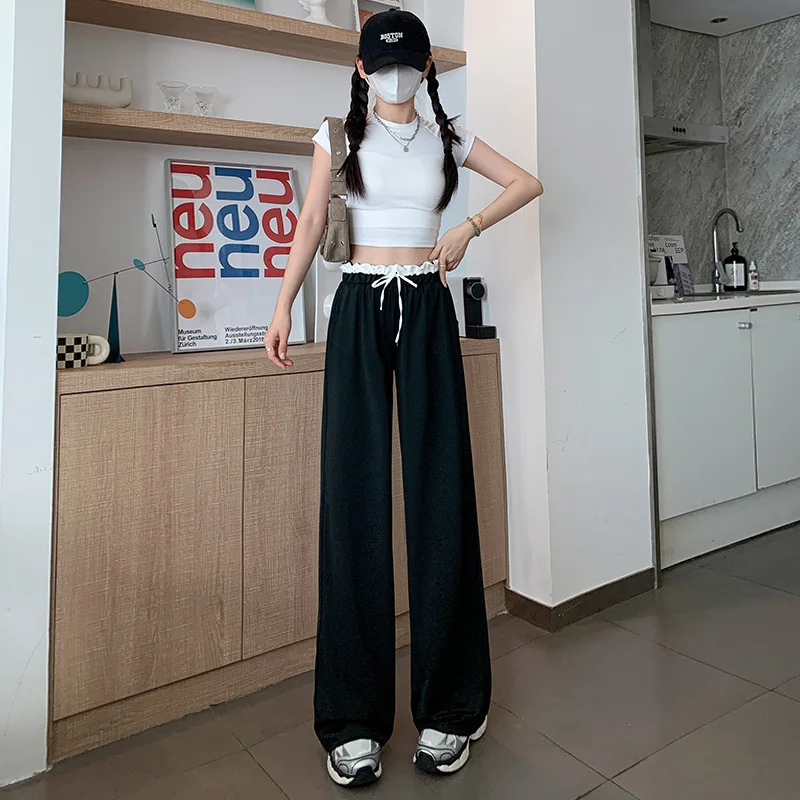 

Белые широкие брюки с рюшами и драпированным эффектом для женщин летом2024Новые утягивающие повседневные брюки Быстросохнущие брюки длиной до пола