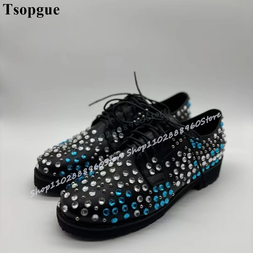

Stylish Black Leather Full Crystals Men Pumps Flats Shoes For Men Cross Tied Round Toe Trending Catwalk Banquet Women Pumps