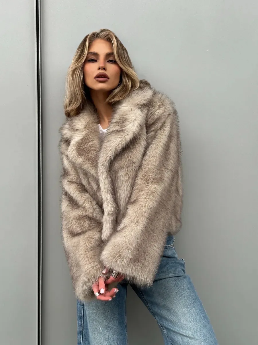 Winter Mink Fur Jacket Women Short Gradient Lapel Collar Female Artificial Fur Coat Fluffy Loose Lady Warm Thick Faux Fur Coat