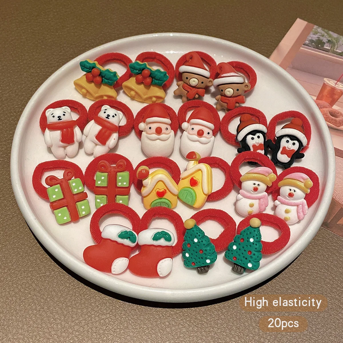 20 Christmas hair accessories with cute cartoon Santa Claus snowman and rubber bands suitable for Christmas use