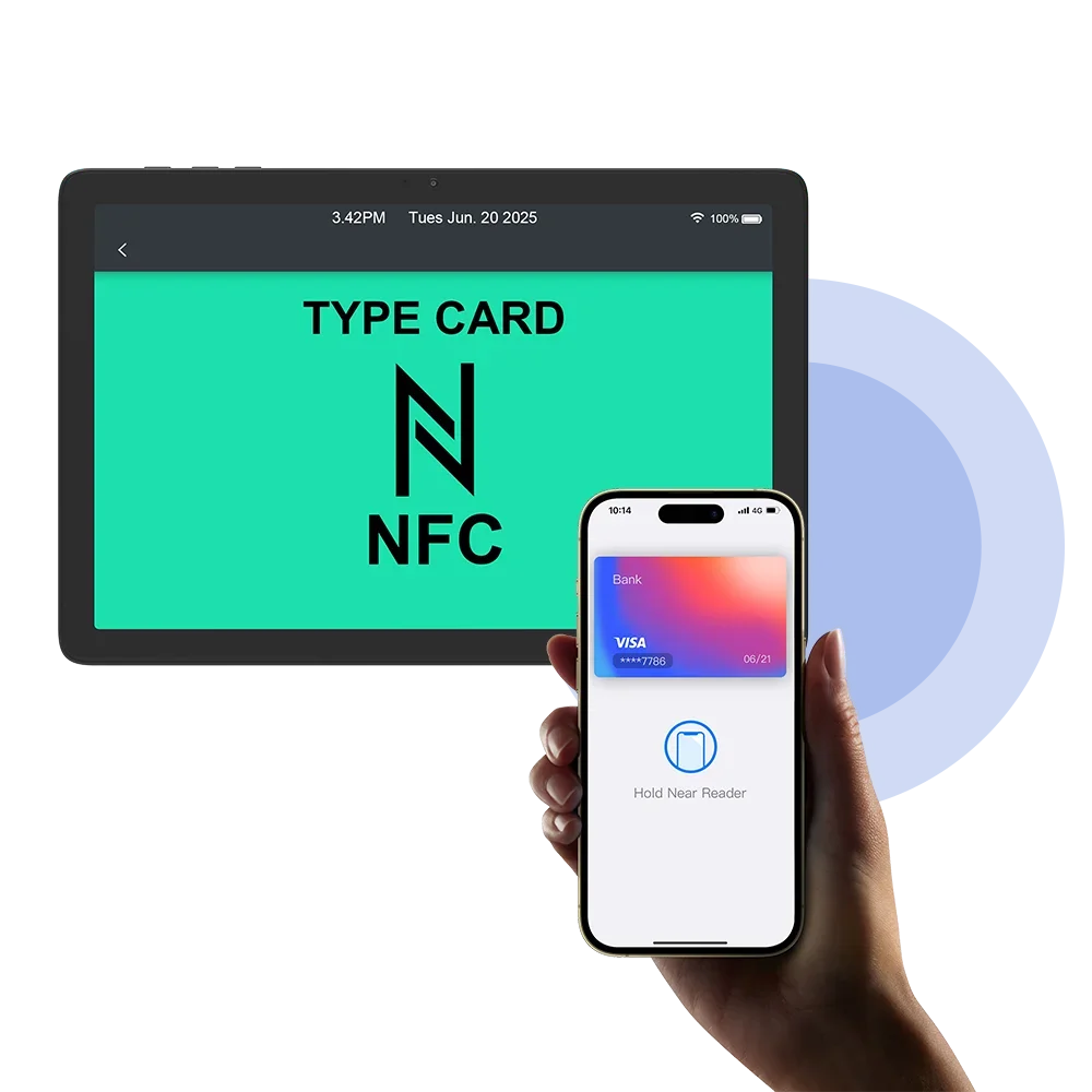 Front NFC android tablet touch screen tablet 10 inch Full HD screen nfc pos with desktop holder