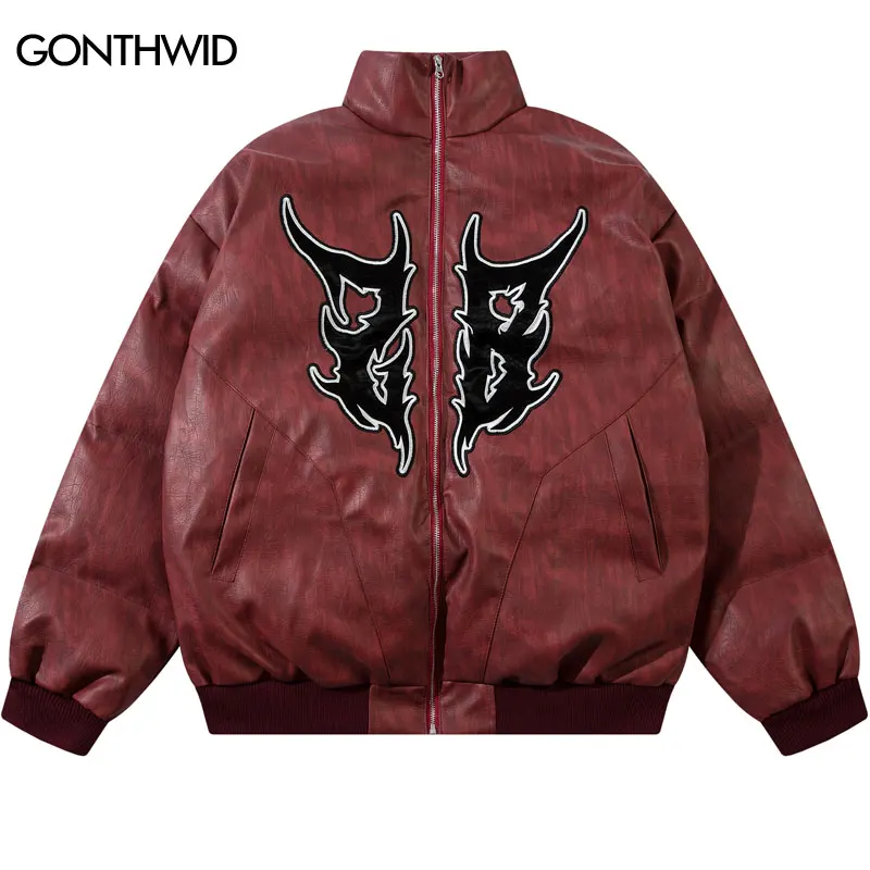 Hip Hop Winter Leather Jacket Streetwear Embroidered Thick Warm Padded Bomber Coats Men Punk Gothic Oversized Waterproof Parkas