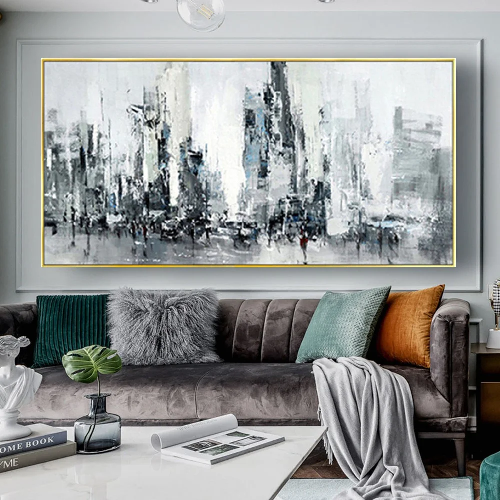 

100% Hand-Painted Modern City Building Landscape Oil Painting Large Size Wall Art Pictures On Canvas For Living Room Decor Gift