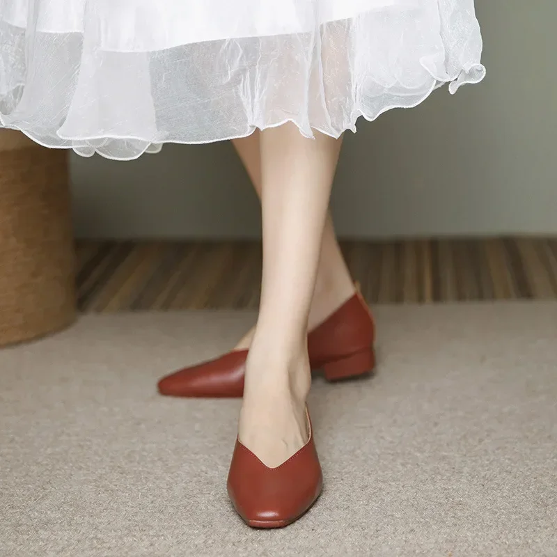 Genuine Leather Multi-color Low-heeled women's Shoes 2025 Round Toe Flat Bottom Shallow Cut Single Shoe Casual Versatile Loafers