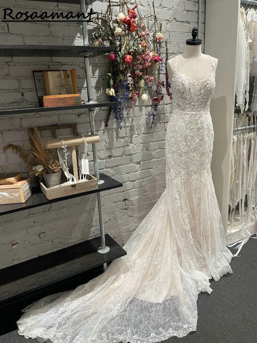 

Romantic Spaghetti Straps Open Back Mermaid Wedding Dresses Sleeveless Appliques Lace Country Bridal Gowns
