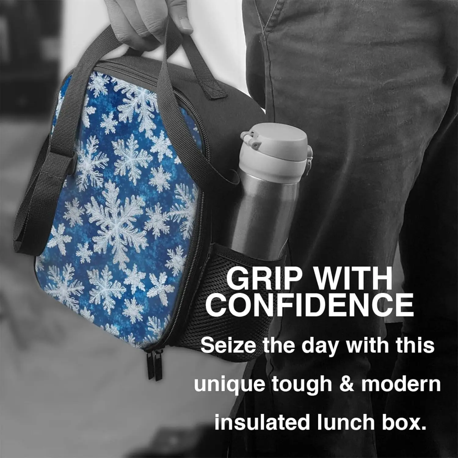 Fiambrera para adultos con estampado de copos de nieve azules y blancos para mujeres y hombres, bolsa térmica pequeña aislada con correa ajustable para el hombro