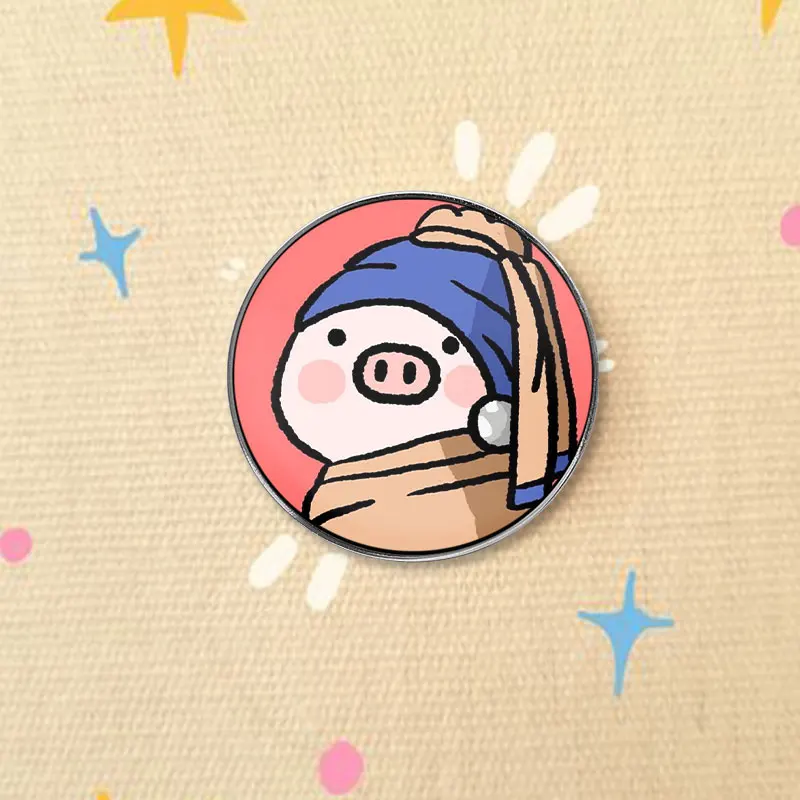 Pig With Pearl Earring Parody Art UV Printing Badge Funny Cartoon Pin Cute Animal Metal Brooch Lapel Decor Gift For Art Lovers
