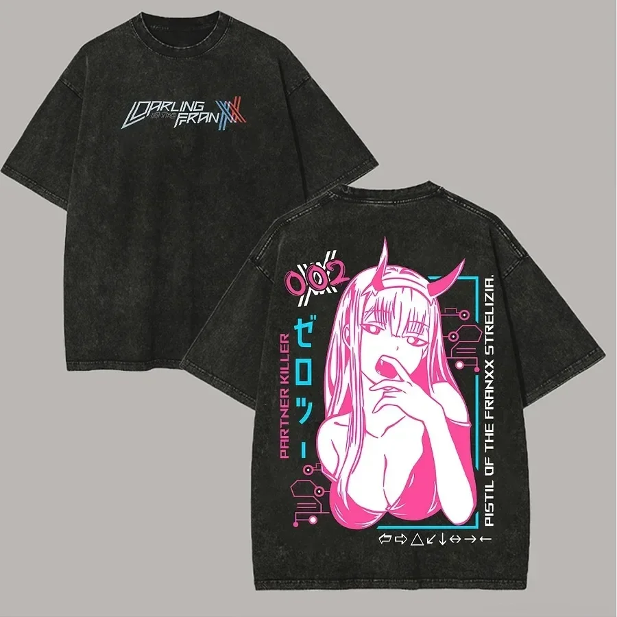 2026summer Darling in the Franxx Zero Two Partner Killer Washed Anime T-shirt Harajuku Streetwear Oversized Short Sleeve Tee