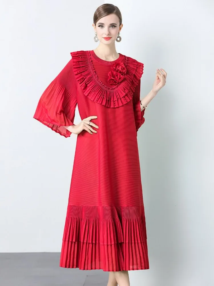 ミヤケ レディース ロングドレス 夏 2025 ルーズ ファッション ハイストレッチ フリル ビーズ 長袖 花柄ローブ