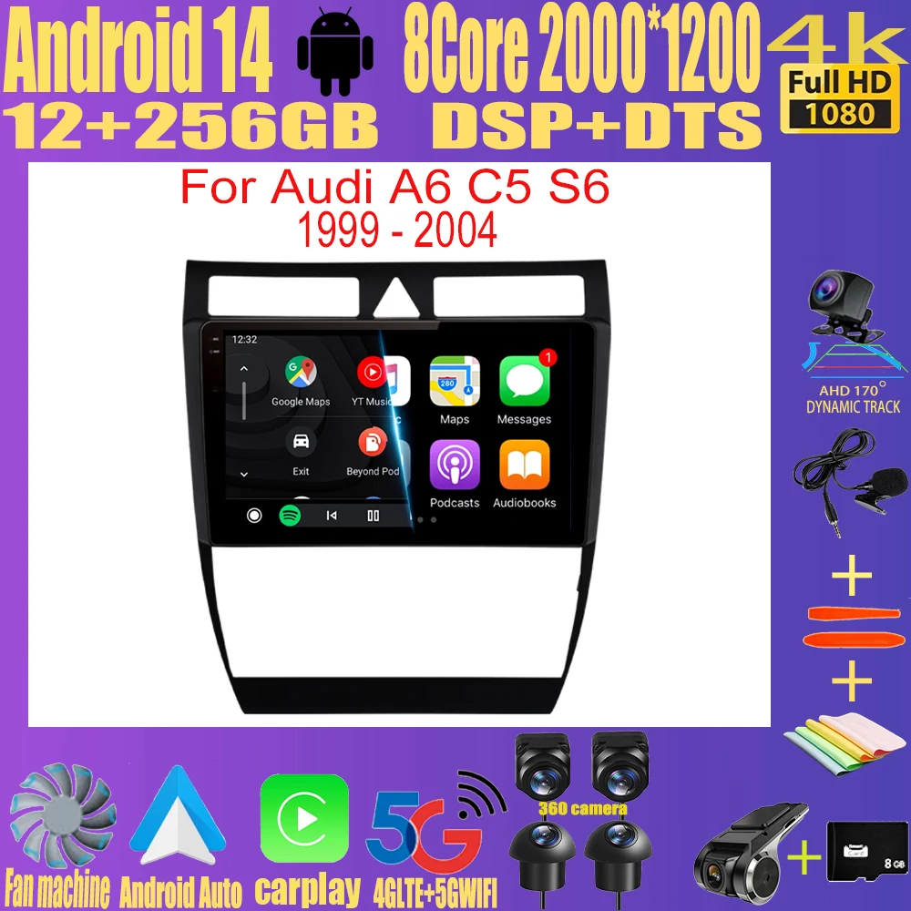 

Android 14 Car Radio for Audi A6 C5 1997-2004 S6 1999 - 2004 RS6 2002 - 2006 Multimedia Player 2Din Carplay Stereo GPS NO DVD