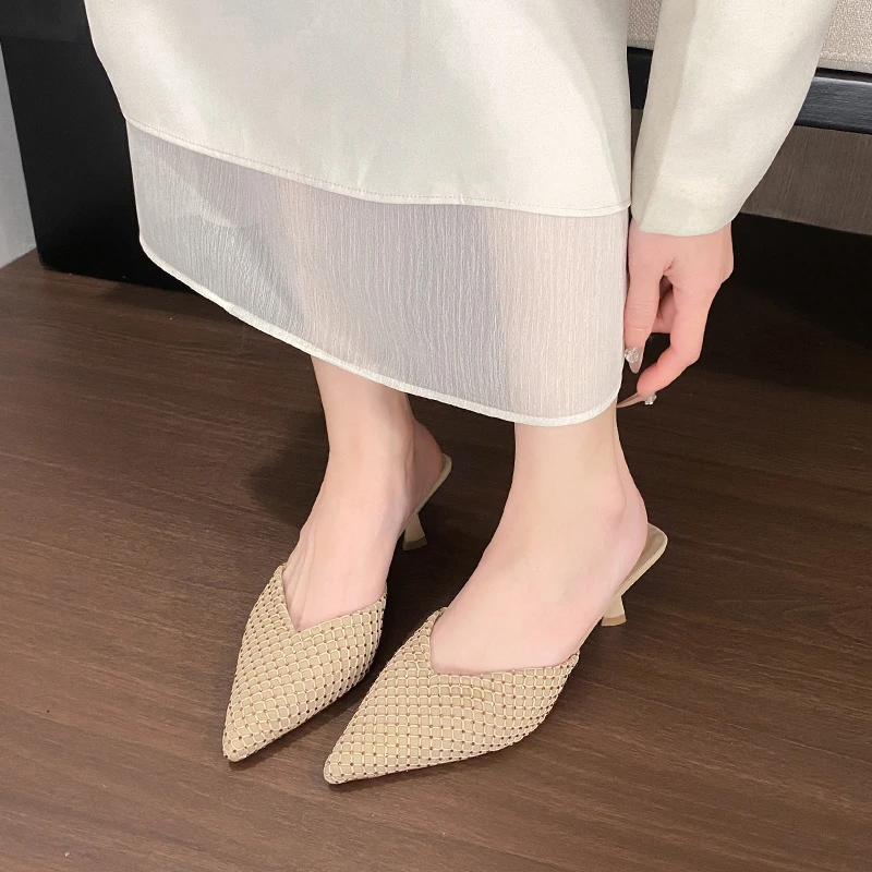 New Summer Stilettos Slippers Spring Pointed Toe Rhinestone Mesh Feet Non-slip Wear-resistant High Heels Women's Shoes Slides