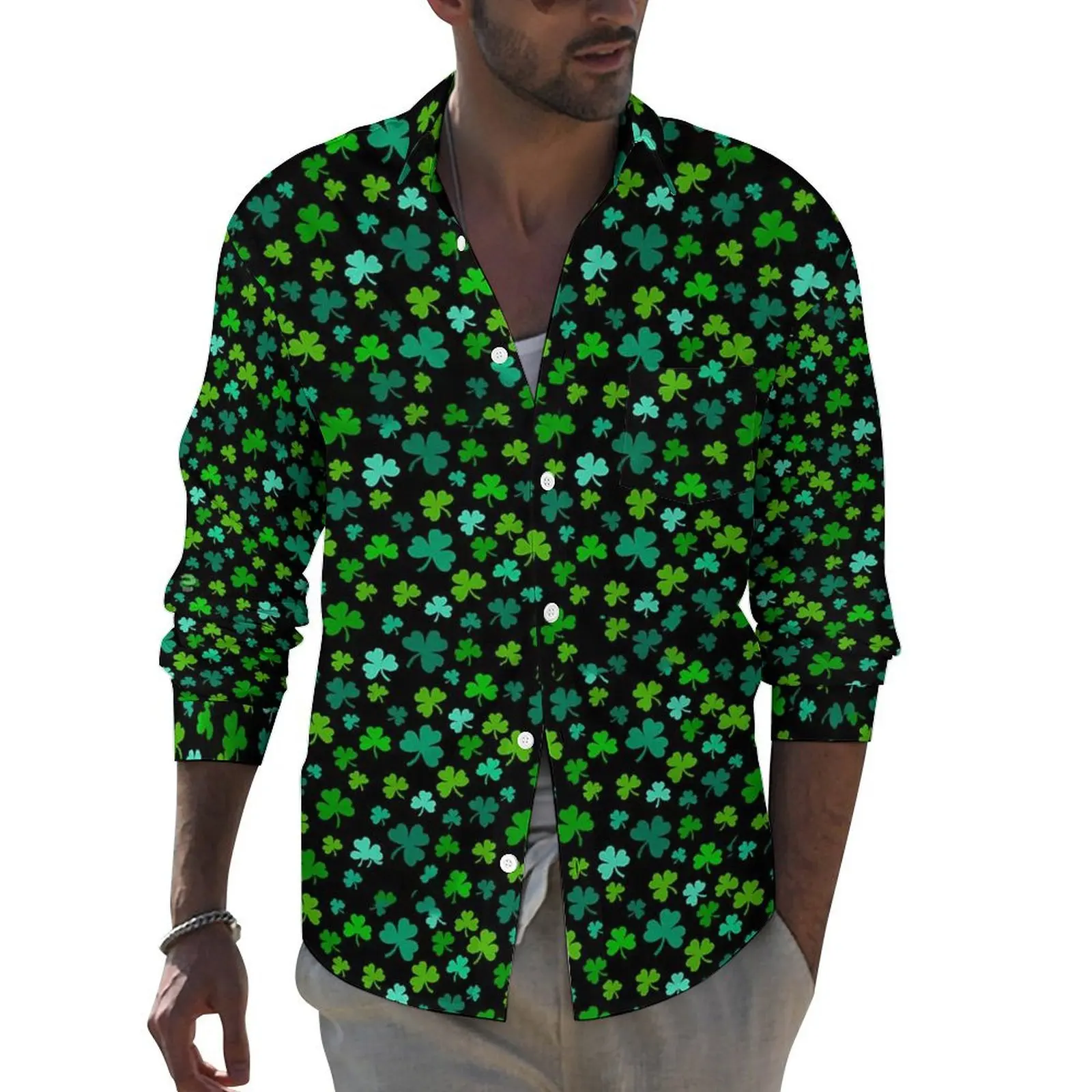 

Bright Green Shamrock Casual Shirts Man Leaves Print Shirt Long Sleeve Retro Y2K Blouses Autumn Graphic Clothing Plus Size