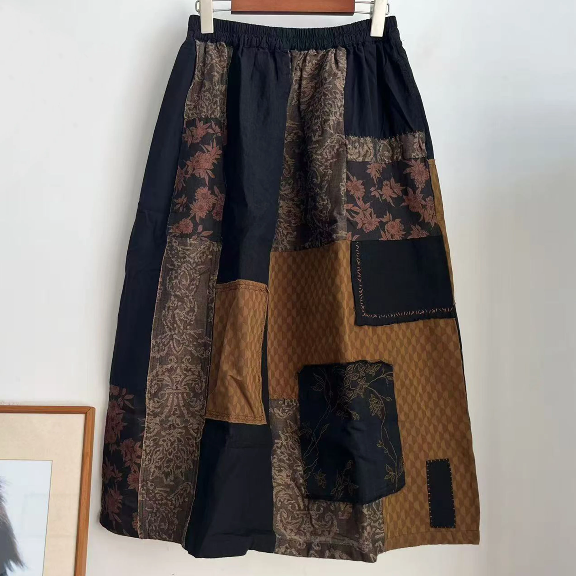 

Юбка из чистого хлопка в стиле ретро с пэчворком, новинка ранней осени, женская свободная юбка А-силуэта для повседневной носки, с эластичной талией