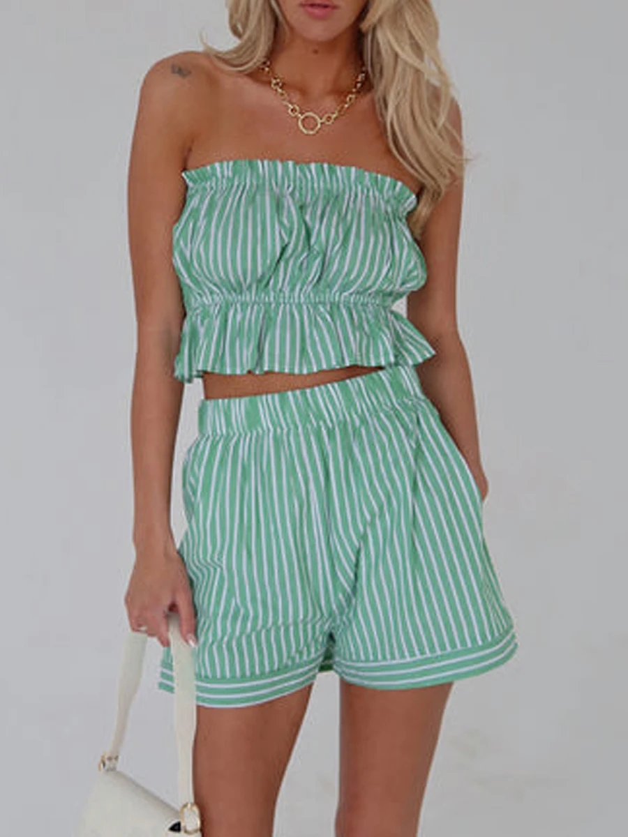 

Women Summer Shorts Outfits Stripe Strapless Tube Tops Elastic Waist Shorts 2 Pieces Clothes Set
