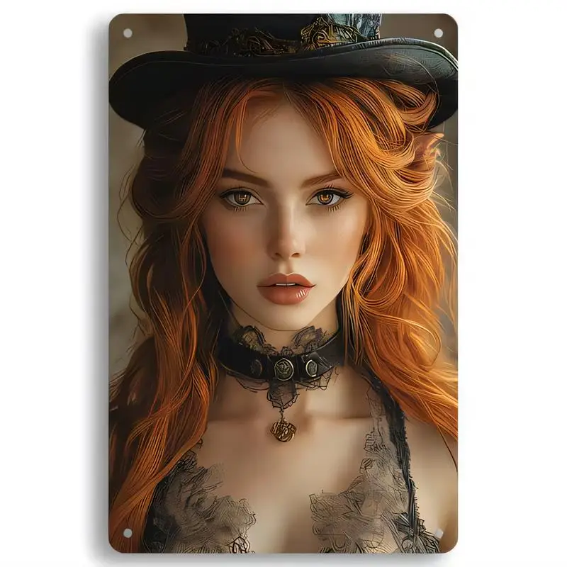 Steampunk Red - Haired Lady Vintage Metal Tin Sign, Iron Wall Decor (Top Hat, Lace Choker), Retro Art for Room/Bar/Cafe | Detail