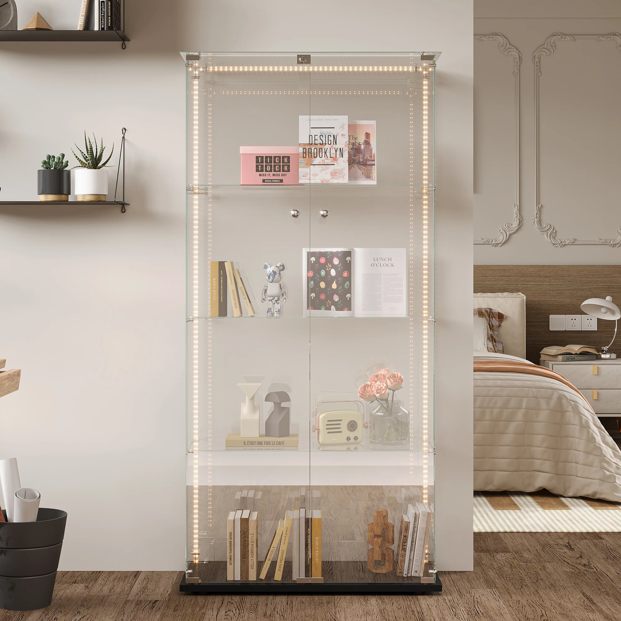 Vitrina de Vidrio Rosahqnda, Vitrina de Pie, 3/4 Niveles, 2 Puertas, con LED y Cerradura, para Sala de Estar o Dormitorio