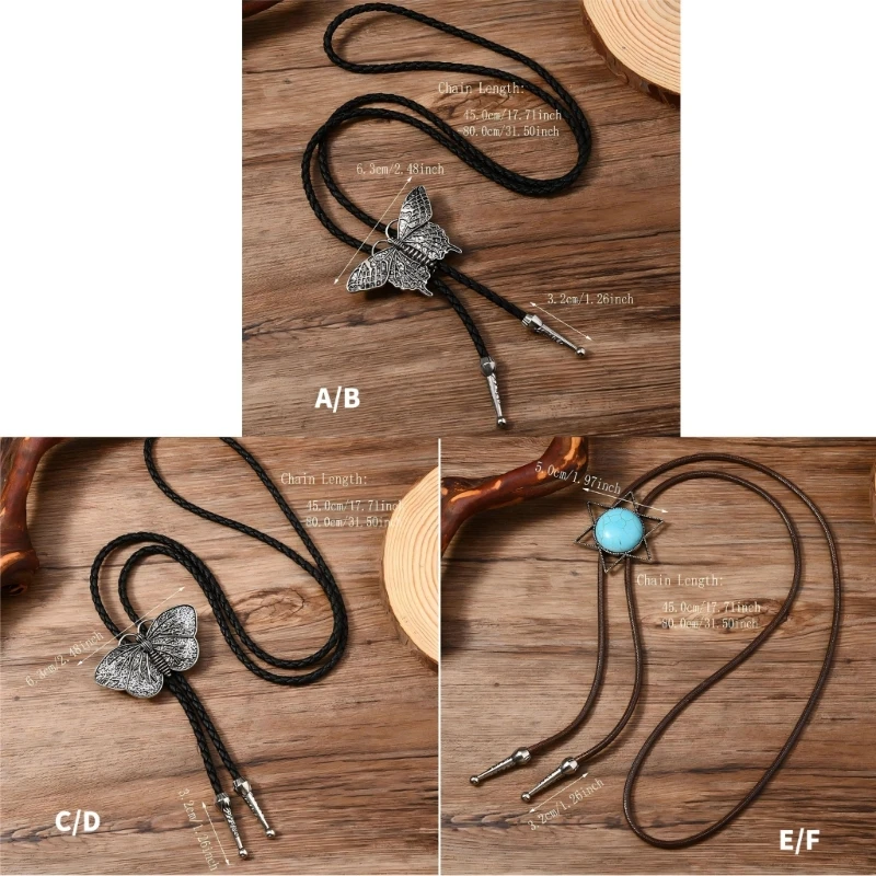 Metalen vlinder Bolo Tie Cowboy kostuum westerse outfit voor mannen en vrouwen Vintage lederen koord Rodeos stropdas ketting