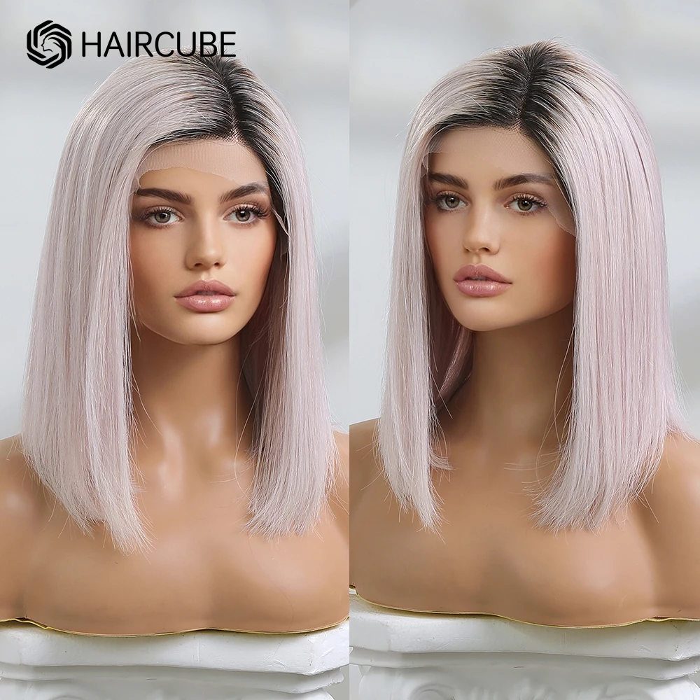 HAIRCUBE-Peluca de cabello humano con encaje frontal para mujer, pelo Remy liso, longitud de hombro, ombré, color rosa Pastel, 13x5x1