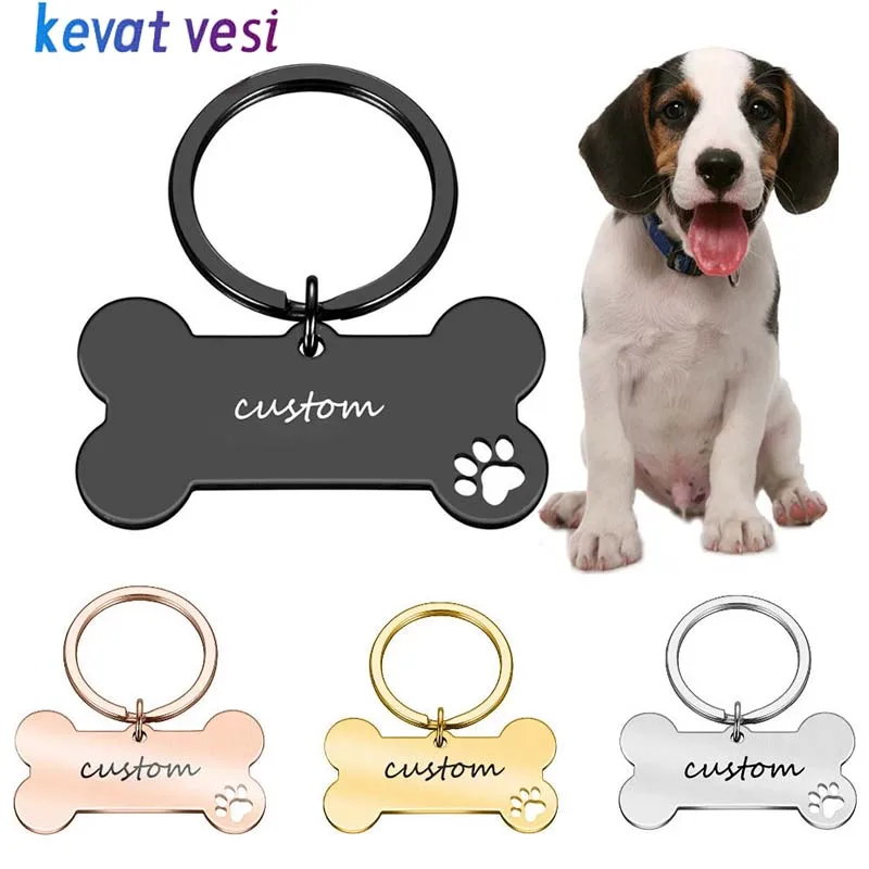 Personalized Dog Cat ID Tag Anti-lost Stainless Steel Pet Necklace Free Engraving Bone Shape Pendant Keyring Pet Accessories