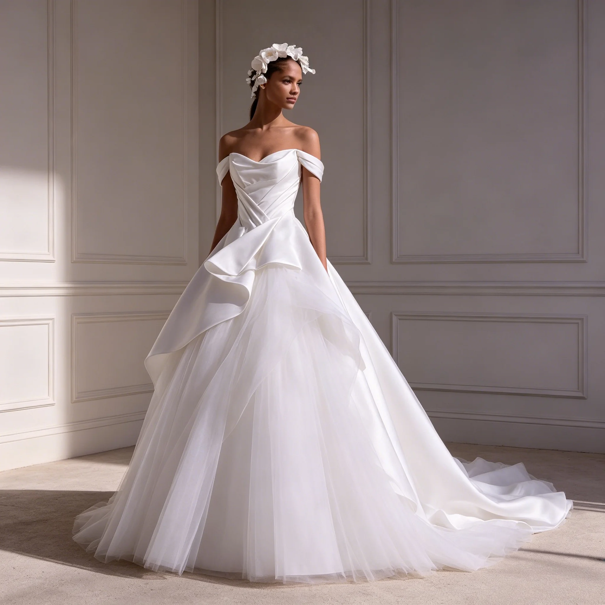 Off Shoulder Draped Satin Wedding Dress Cross Wrapped Bodice Asymmetrical Ruffle Dual Layer Tulle Skirt Ball Gown Customizable