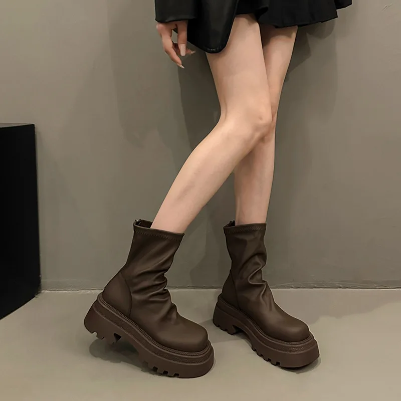 Thick Sole Stacked Boots for Women New Fashion Brown Black Short Boots Wrinkled Leather Platform Casual Botines Chelsea Shoes