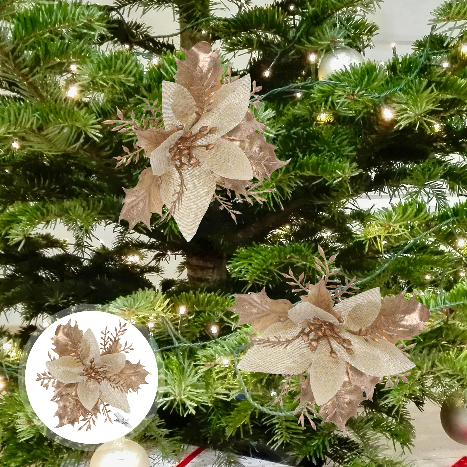 

Christmas Wreath Ornaments Artificial Poinsettia with Clips Golden Tree Flowers
