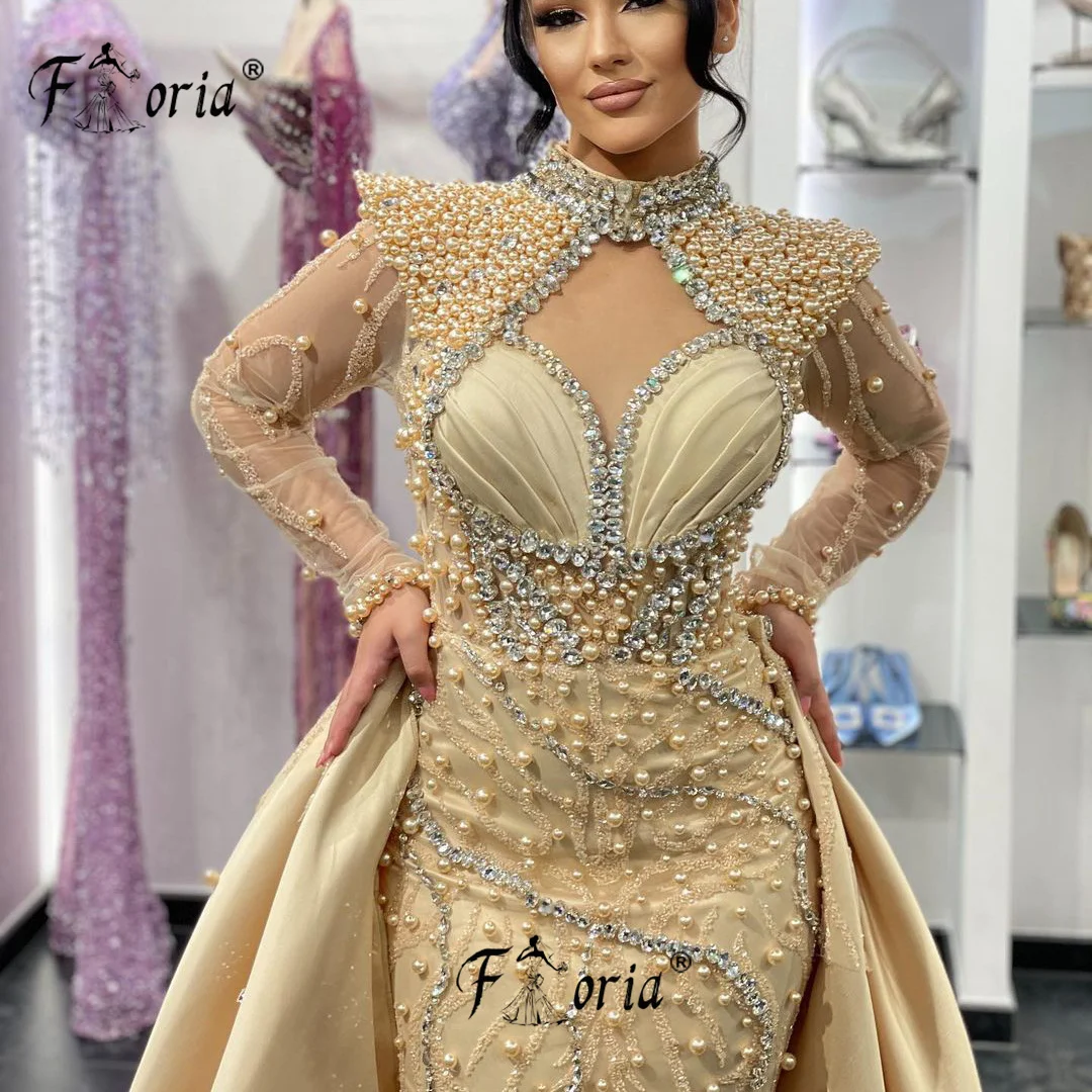 Robe de soirée perlée de perles dorées pour femmes, robe de sirène de luxe avec surjupe, cristal de baume imprimé, mariage, fiançailles, quel que soit le formel, Dubaï