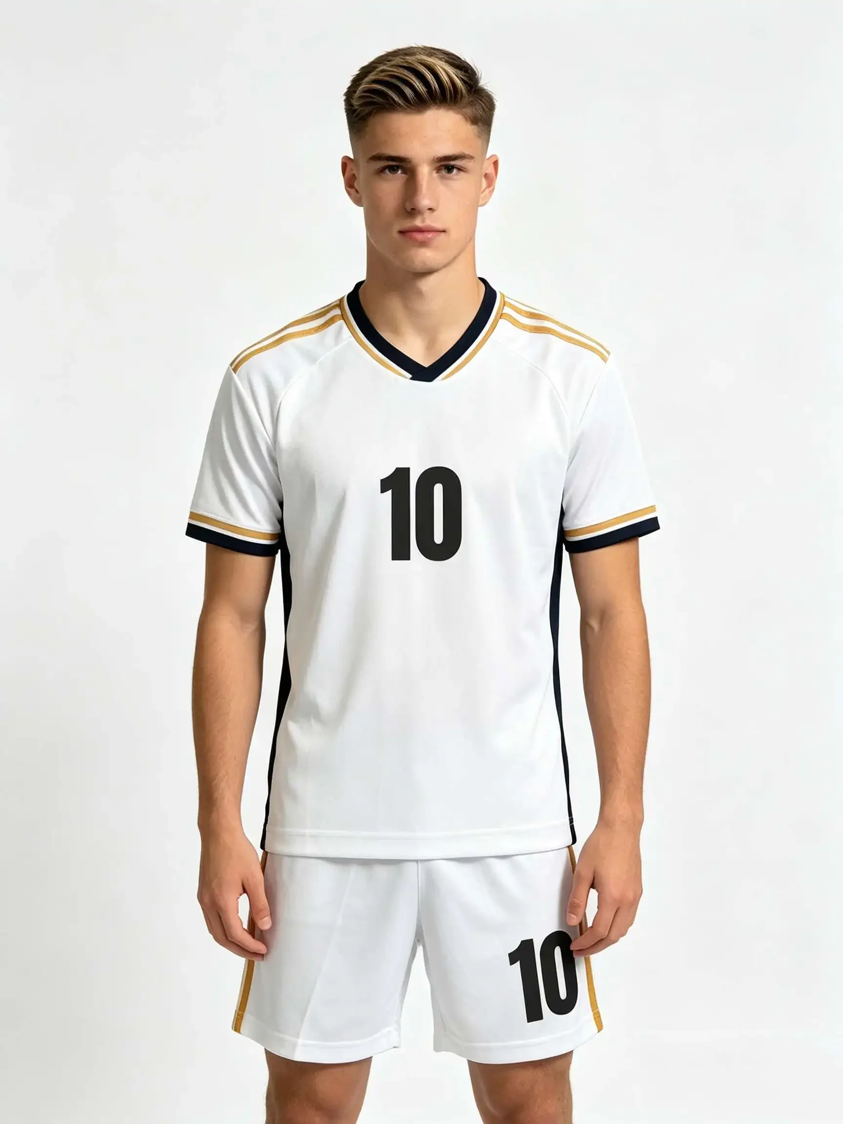 26/27 Unisex Blank Soccer 2‑Piece Set, Kids Adults Parent‑Child Kit, Custom No.1 7 8 9 10 White jersey and shorts with gold trim