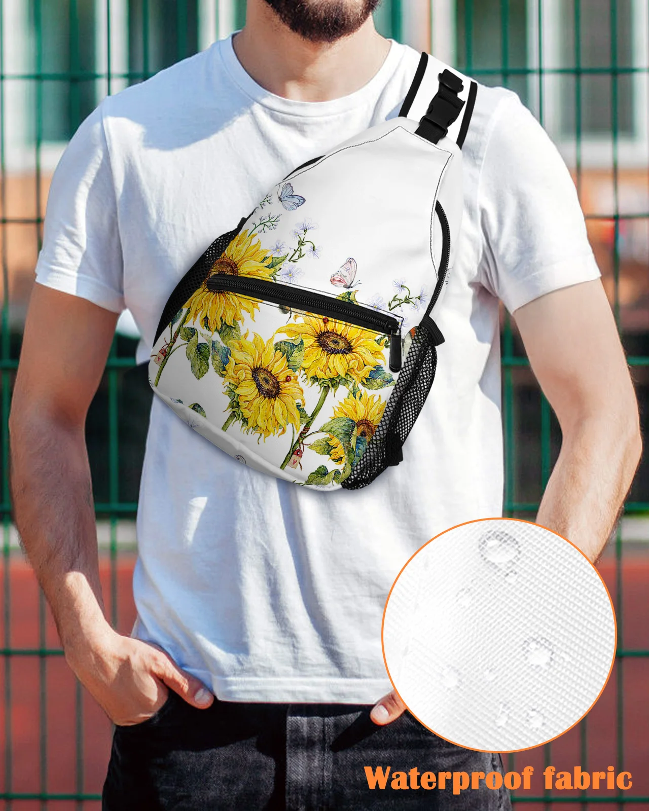 

Sunflower Flower Butterfly Bee White Chest Bag for Men Casual Sports Shoulder Bag Women's Travel Waterproof Messenger Bag