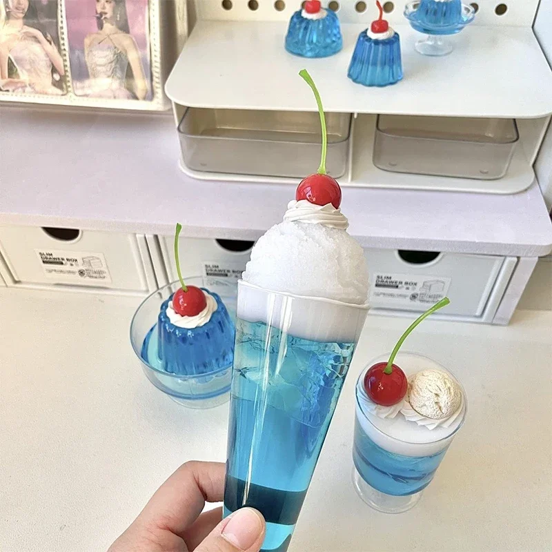 Kawaii Creative Tea Set Ornaments Simulation Cherry Soda Jelly Dessert Drink Dripping Glue Model Finished Photo Props Girls Gift