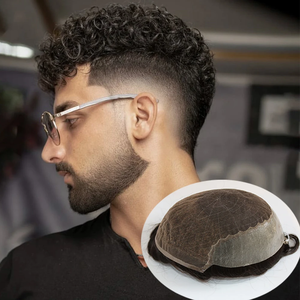 Tupé de encaje suizo para hombres, peluca de prótesis capilar de reemplazo transpirable, rizado, 15MM, PU, la mejor calidad, Q6