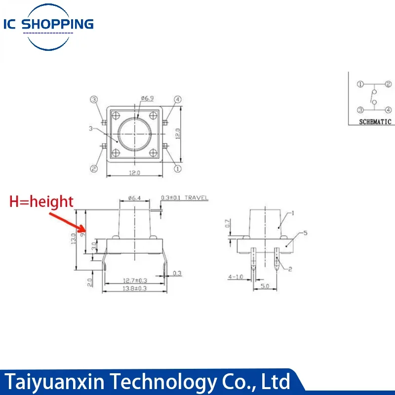 Mini interrupteur tactile momentané DIP, bouton poussoir, noir, 12x12, 12x12, H = 4.3, 4.5, 5/5, 5, 6, 7/8 ~ 17mm, 4 broches, 50 pièces