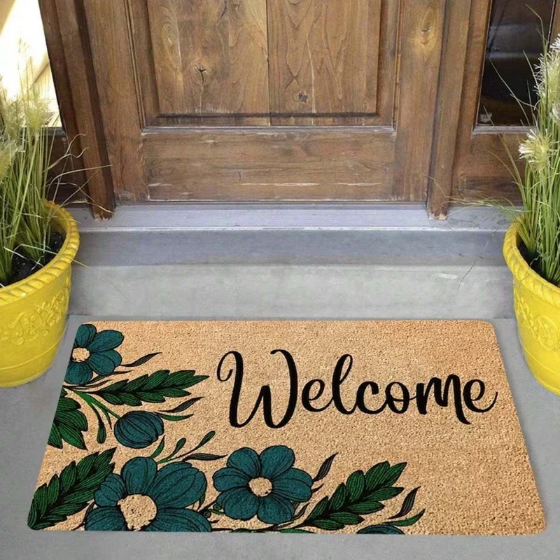 1pc  Blue Floral Letter Welcome Mat Moder Doormat Anti-Slip Small Carpets for Home Living Room Bath Kitchen Garden  Floor Mats