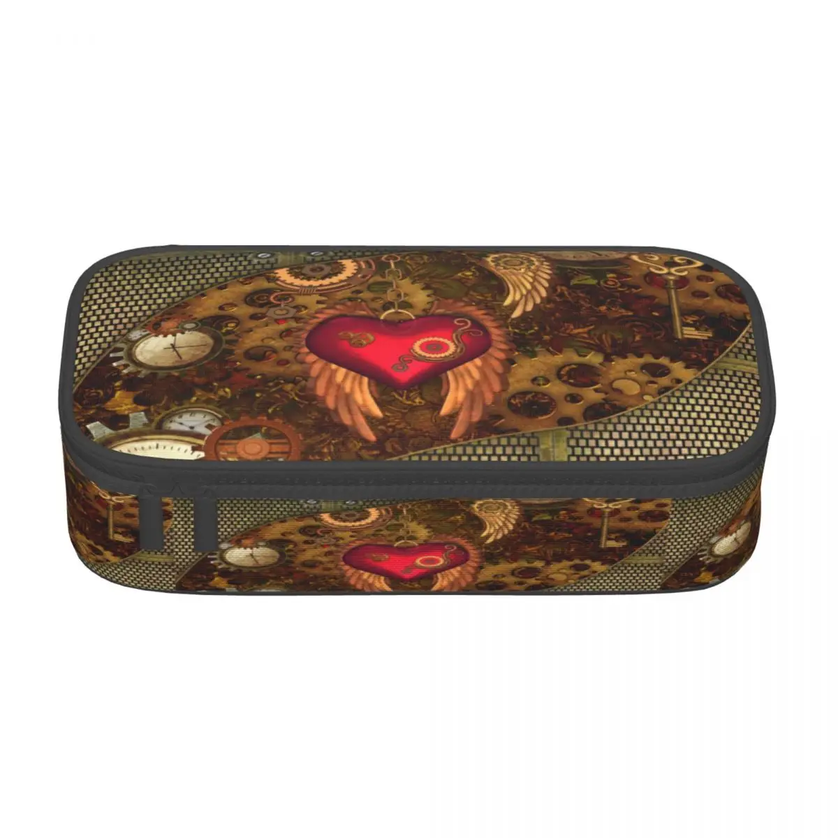 Steampunk Heart With Wings Cute Pencil Cases Girls Boys Big Capacity Metal Mechanical Gears Pencil Box Students Stationery