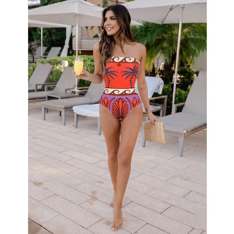 Vintage Women's Clothing One Piece Print Swimsuit Bikini Set Beach Skirt Polyester bodysuit Swimwear Style Wear Maxi Dress