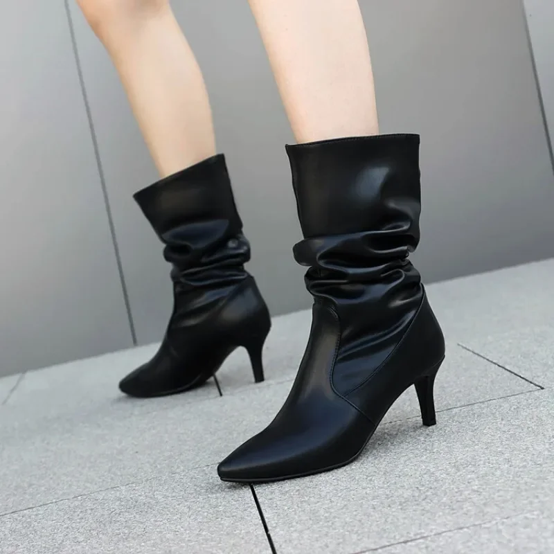 

2024 Apricot PU Leather Mid Calf Boots 32-48 Pleated 6cm Thin Heel Matte black Autumn Short Boots Fashion Brown Pointed Boots