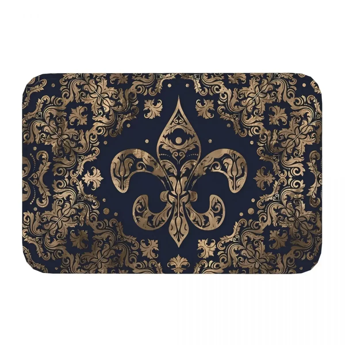 Fleur De Lys Anti-Slip Rug Doormat Living Room Mat Luxury Ornament Gold And Dark Blue Floor Carpet Home Decor