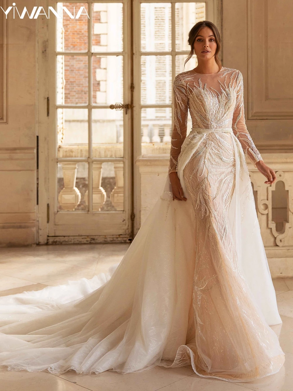 Abito da sposa classico con scollo a O Paillettes scintillanti Perline Abito da sposa Treno staccabile Abito da sposa a sirena Abito personalizzato Robe De Mariée