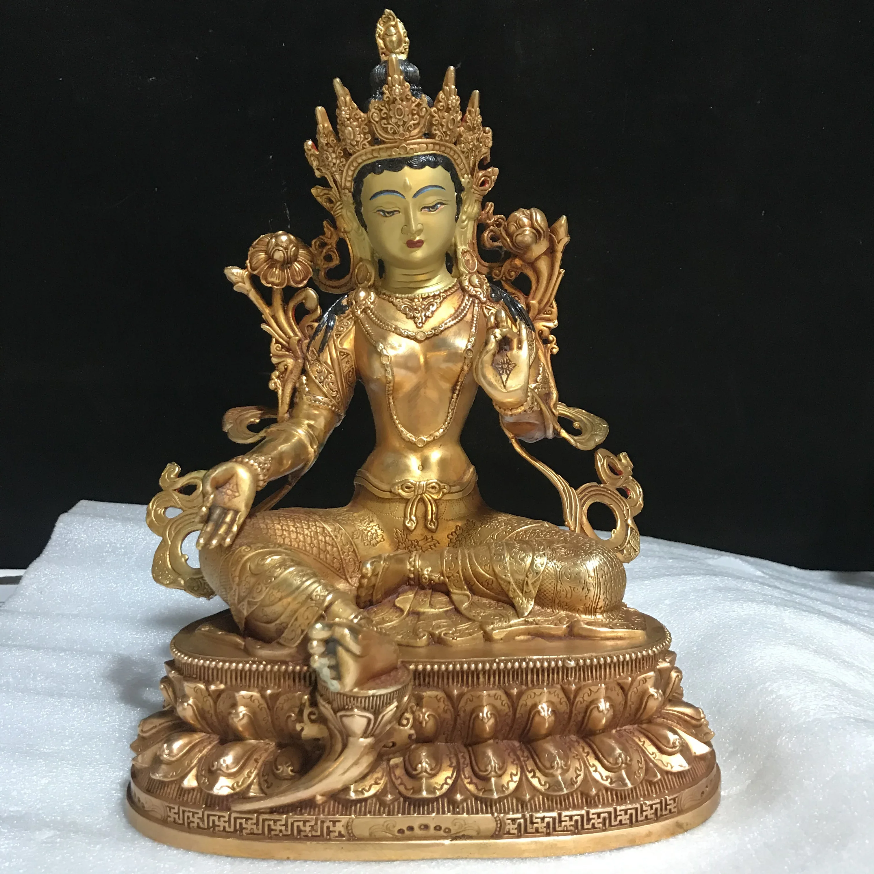 10 inch pure copper gilt Buddha statue Tibetan craft yellow god of wealth green tara four-armed Buddha mother Shakya Ami bronze