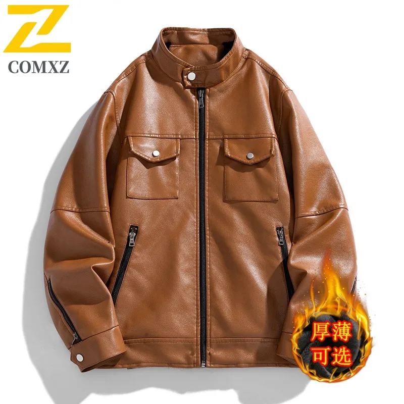 

COMXZ Мужская приключенческая кожаная куртка 2025 года, уличное теплое кожаное пальто, повседневная уличная модная удобная легкая осенняя ветровка