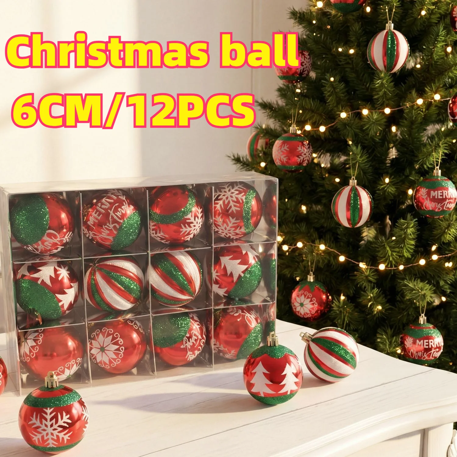 12Pcs/6cm Printing Glitter Christmas Balls Tree Ornaments Hanging Pendants New Year Home Party Xmas Decor Spheres