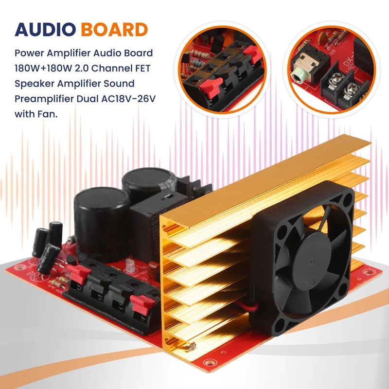 Papan Audio Amplifier daya 180W + 180W, Speaker FET 2.0 saluran Amplifier suara Preamplifier AC18V-26V ganda dengan kipas