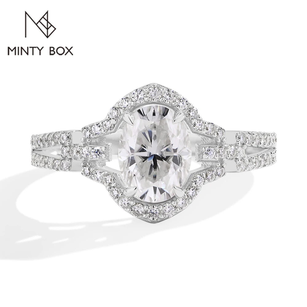 MINTYBOX 1.5ct Oval Cut Engagement Moissanite Ring S925 Sterling Zilver D VVS1 Lab Diamond Halo Ringen Voor Vrouwen Bruiloft Sieraden