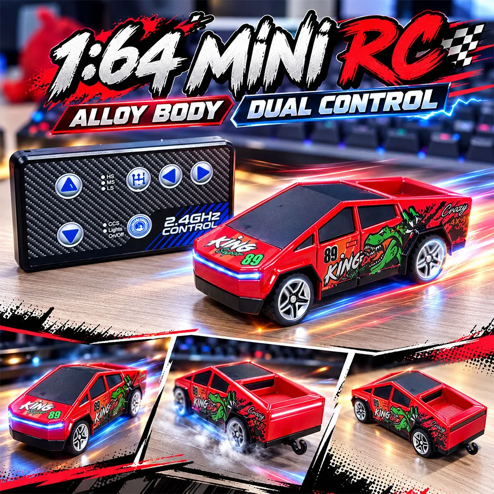 1:64 Mini RC Pickup Truck 2.4GHz Remote Control Toy with Dinosaur Pattern and Blue Lights, 3 Speed Modes, Gift for Kids