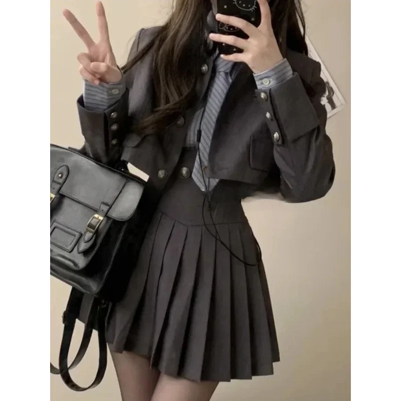 الشتاء خمر 3 قطعة مجموعة المرأة المرقعة Kawaii تنورة دعوى الإناث الكورية موضة معطف قصير مطوي تنورة مخطط قميص 2024